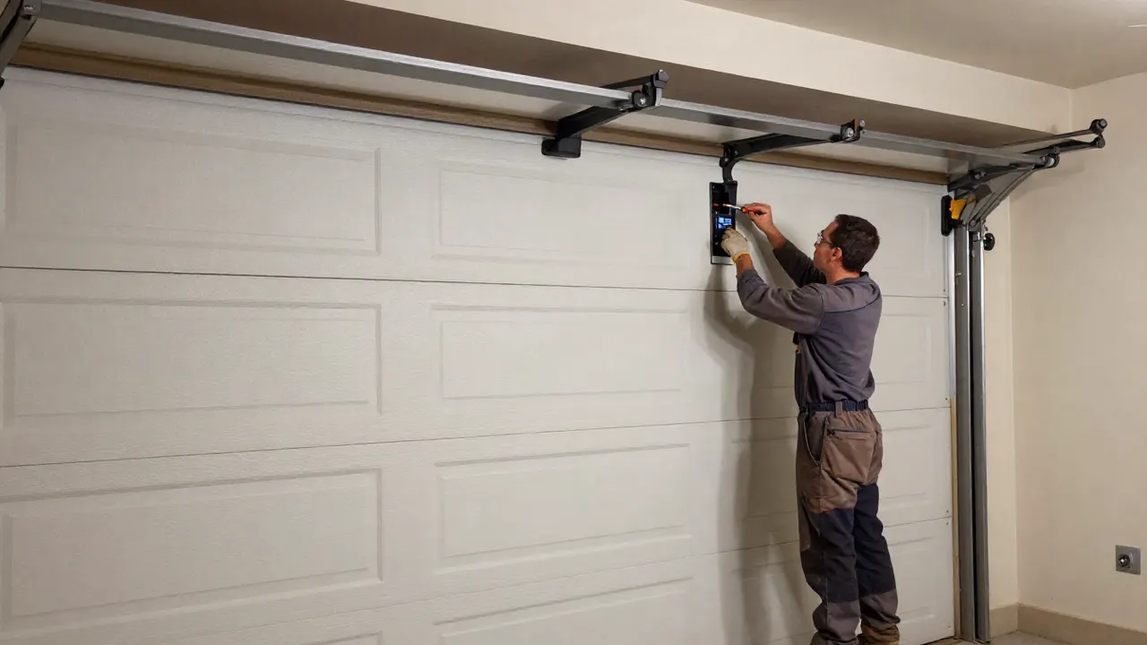 Technician performing diagnostic work on a garage door