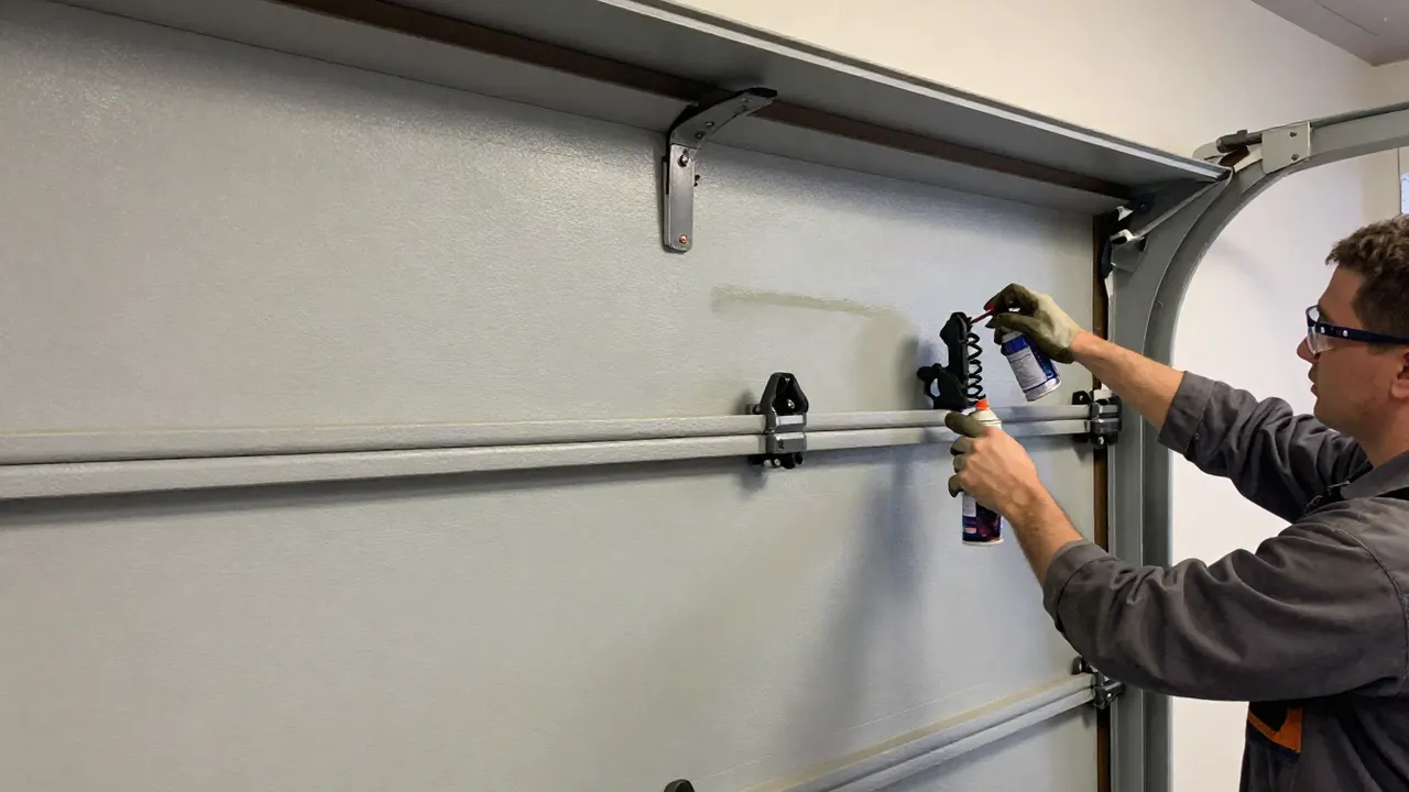 Service technician preparing garage door repair equipment